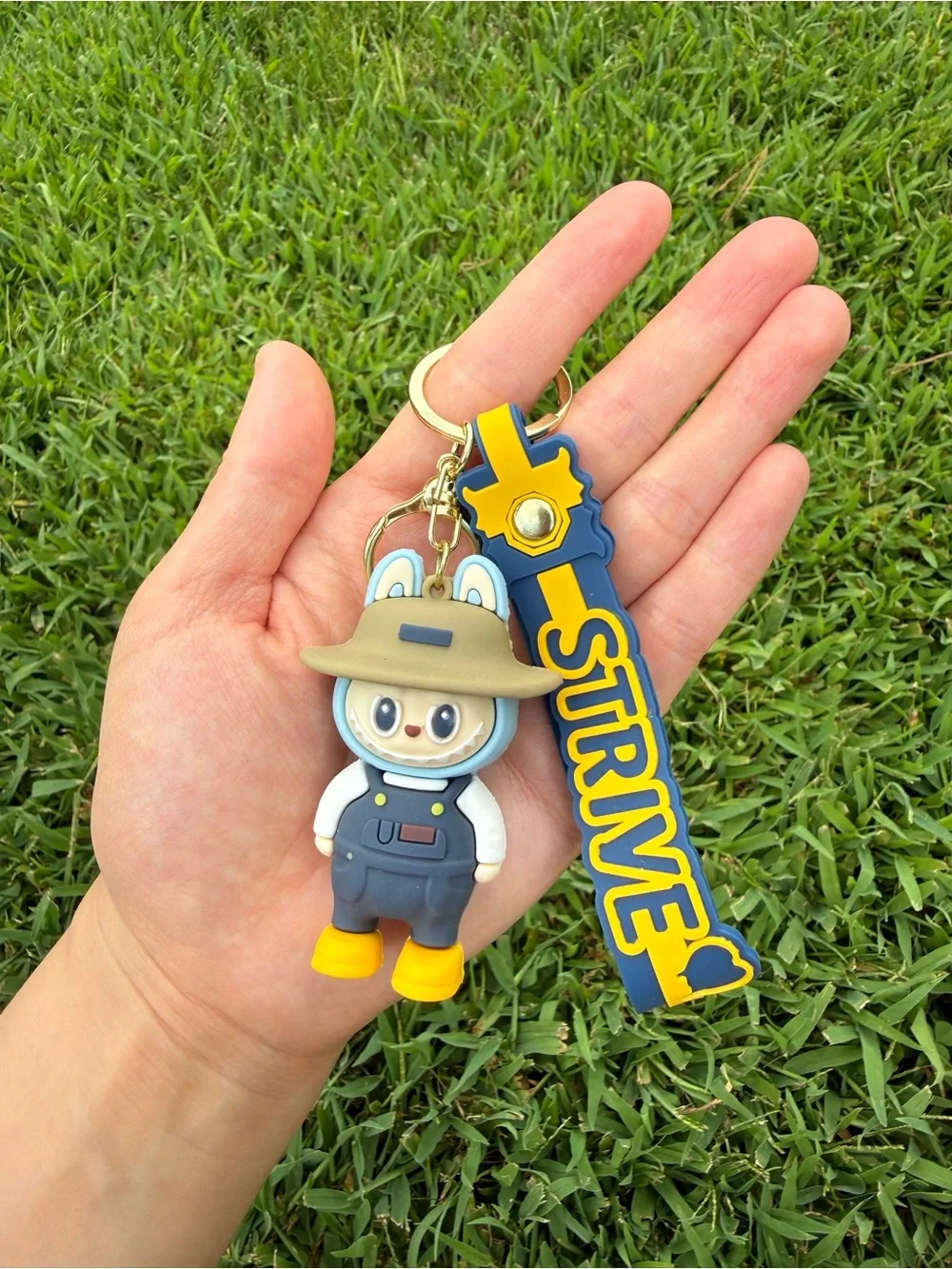 Cute Labubu Rabbit Keychain with Blue Strap - STRIVE-Silicone Cartoon Pet Charm